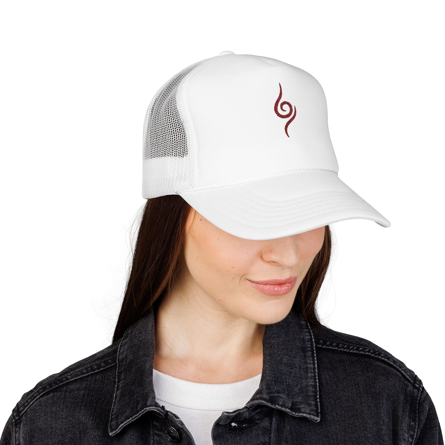 Embroidered Spiral Symbol Trucker Hat — Red Foam Mesh Cap