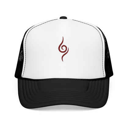 Embroidered Spiral Symbol Trucker Hat — Red Foam Mesh Cap