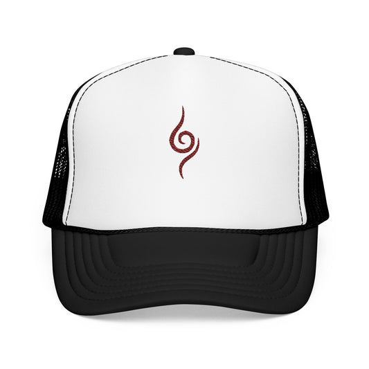 Embroidered Spiral Symbol Trucker Hat — Red Foam Mesh Cap