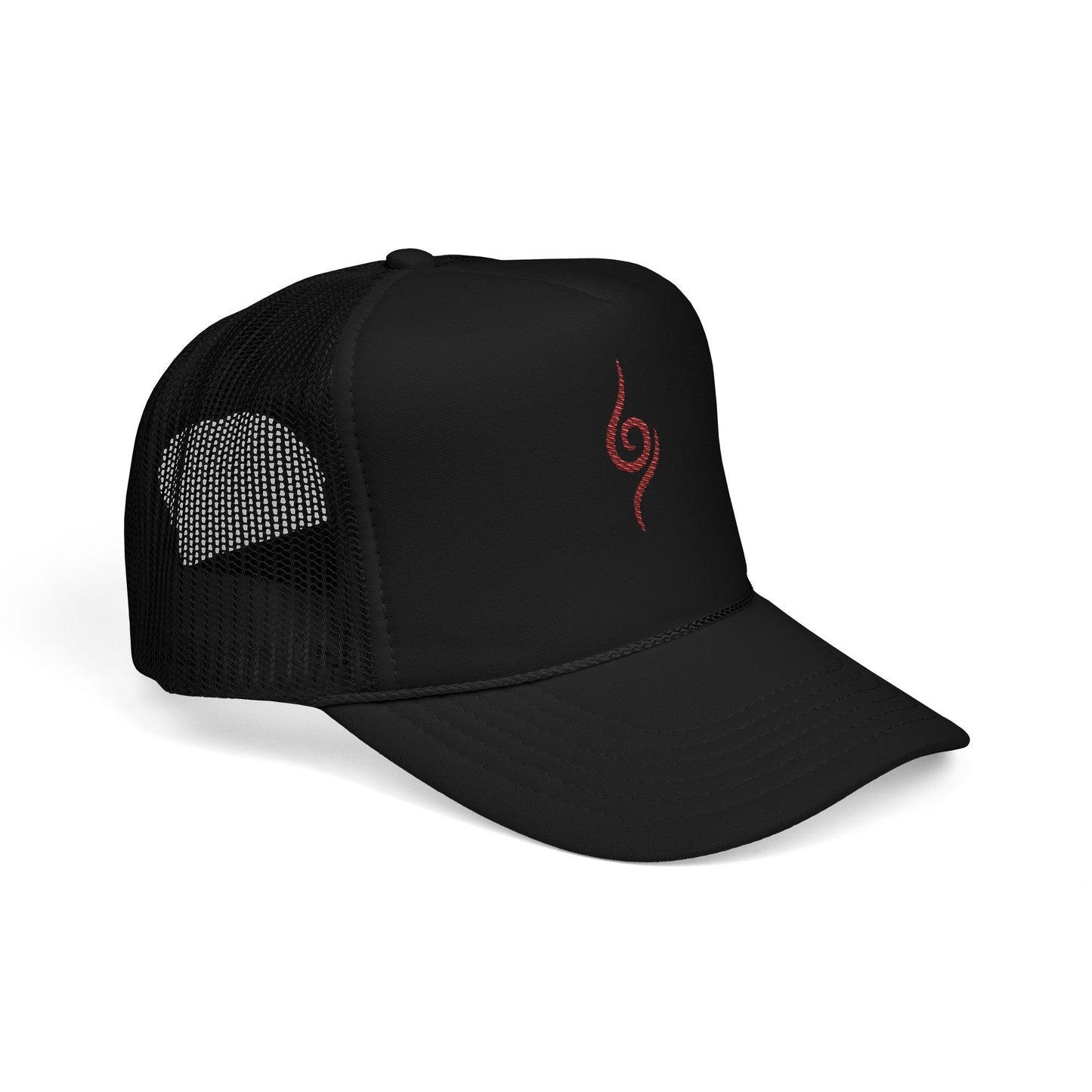Embroidered Spiral Symbol Trucker Hat — Red Foam Mesh Cap