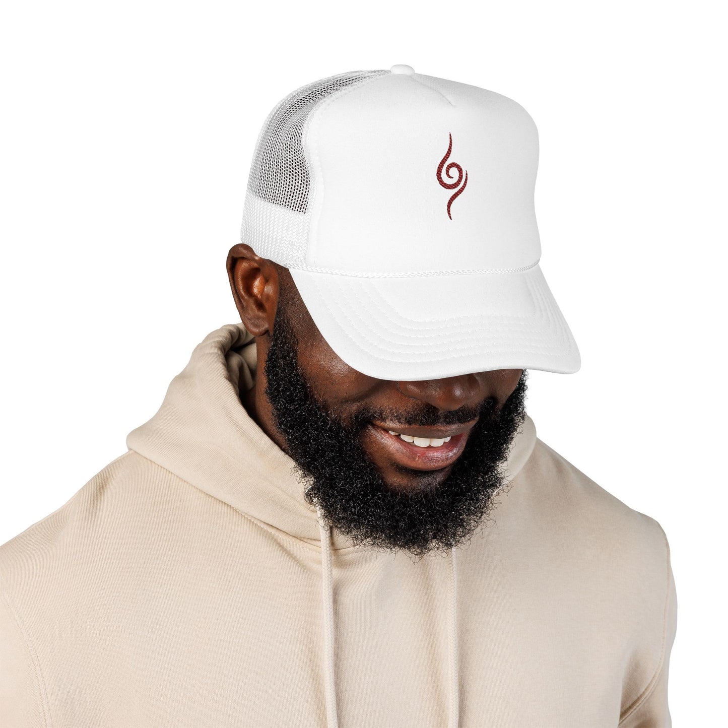 Embroidered Spiral Symbol Trucker Hat — Red Foam Mesh Cap