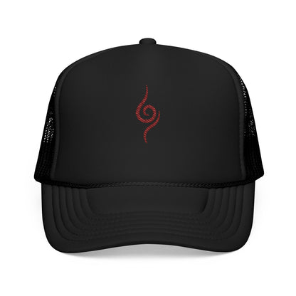 Embroidered Spiral Symbol Trucker Hat — Red Foam Mesh Cap