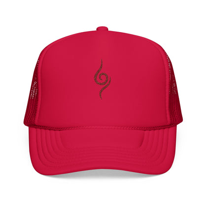 Embroidered Spiral Symbol Trucker Hat — Red Foam Mesh Cap