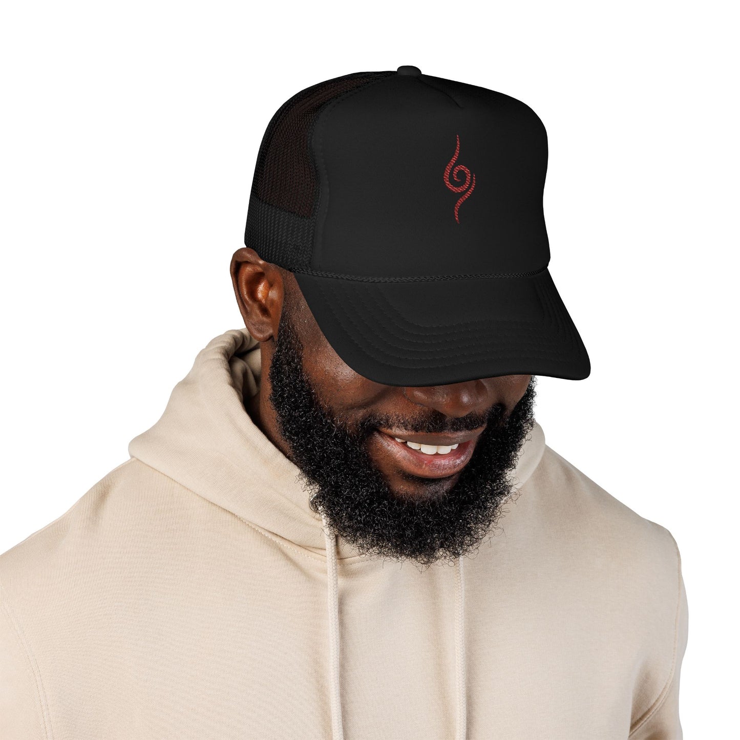 Embroidered Spiral Symbol Trucker Hat — Red Foam Mesh Cap