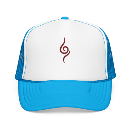 Embroidered Spiral Symbol Trucker Hat — Red Foam Mesh Cap