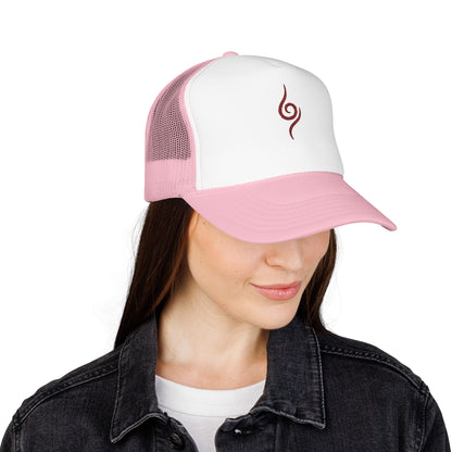 Embroidered Spiral Symbol Trucker Hat — Red Foam Mesh Cap