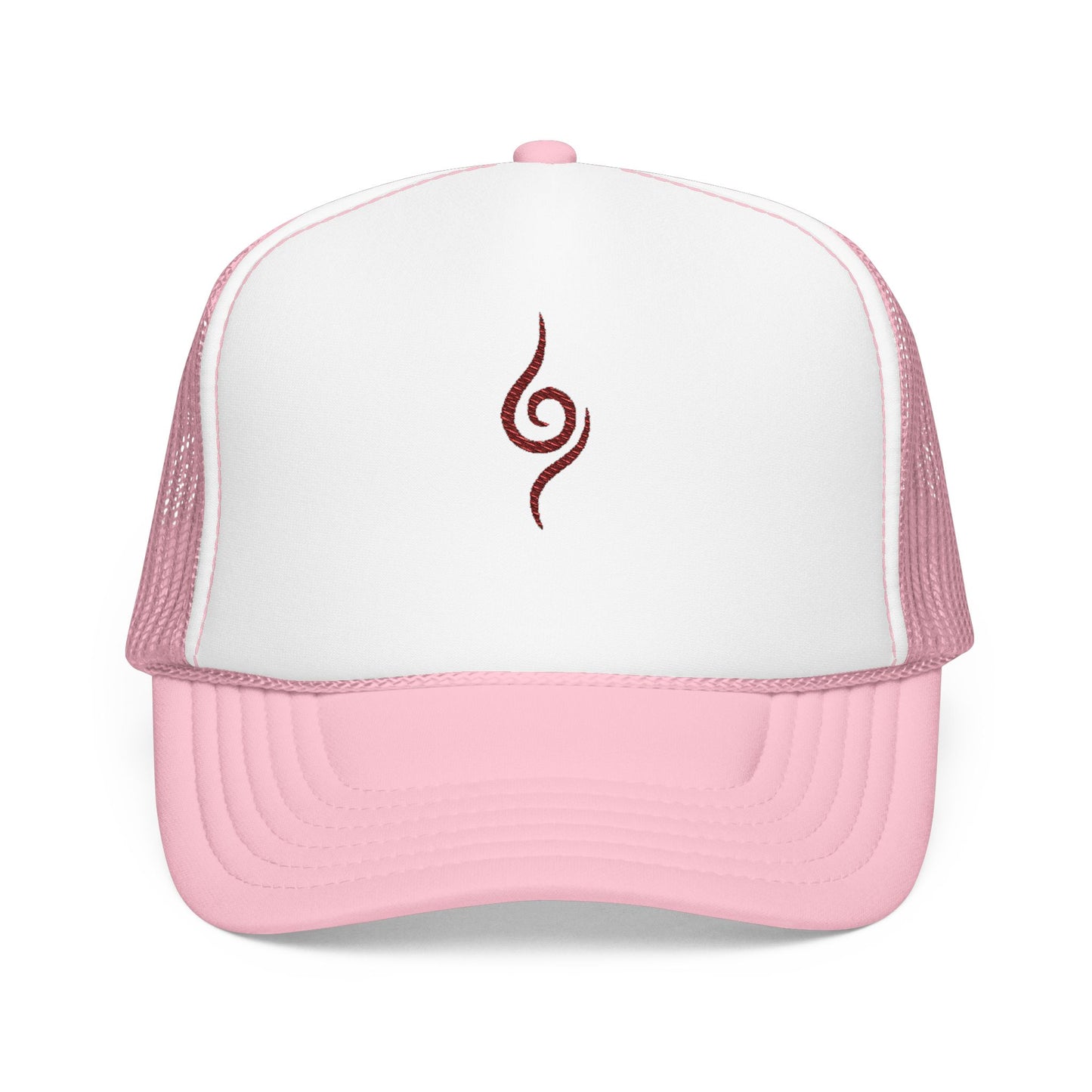 Embroidered Spiral Symbol Trucker Hat — Red Foam Mesh Cap