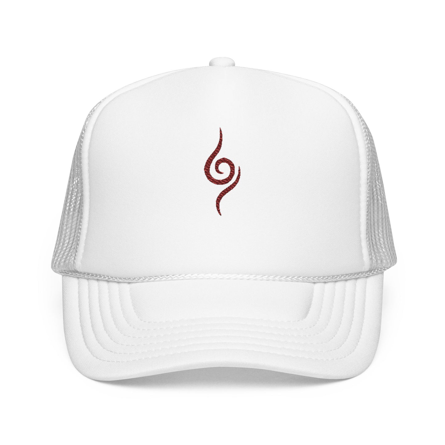 Embroidered Spiral Symbol Trucker Hat — Red Foam Mesh Cap