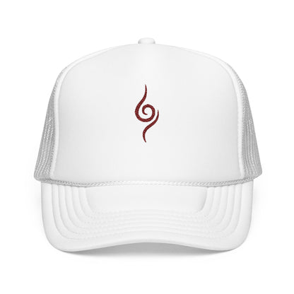 Embroidered Spiral Symbol Trucker Hat — Red Foam Mesh Cap