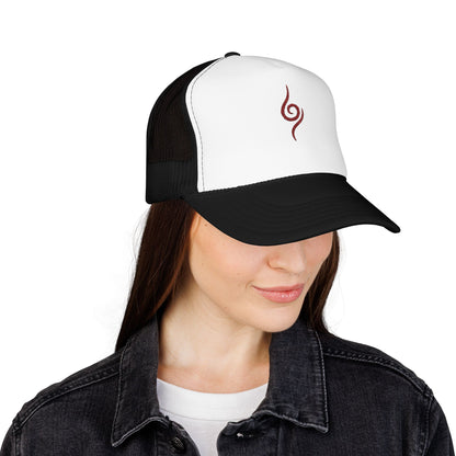 Embroidered Spiral Symbol Trucker Hat — Red Foam Mesh Cap
