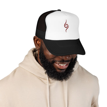 Embroidered Spiral Symbol Trucker Hat — Red Foam Mesh Cap